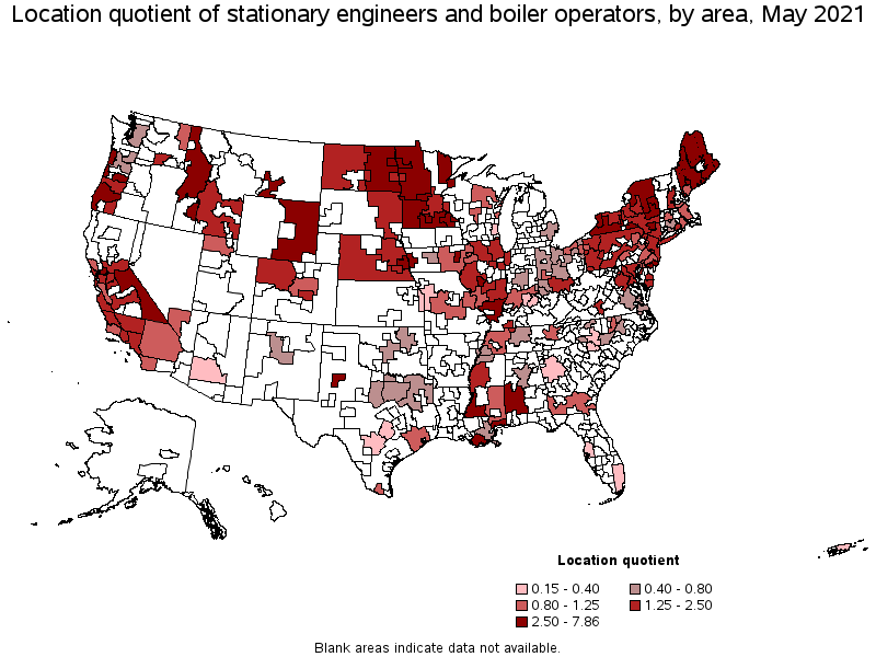 Map of location quotient of stationary engineers and boiler operators by area, May 2021