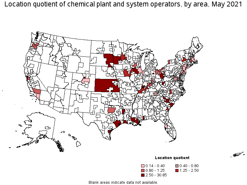 Map of location quotient of chemical plant and system operators by area, May 2021