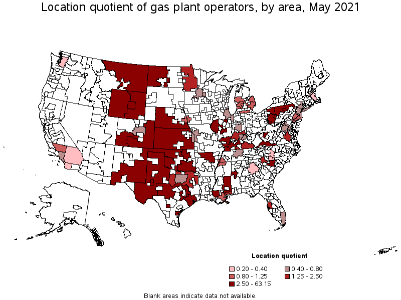 Map of location quotient of gas plant operators by area, May 2021