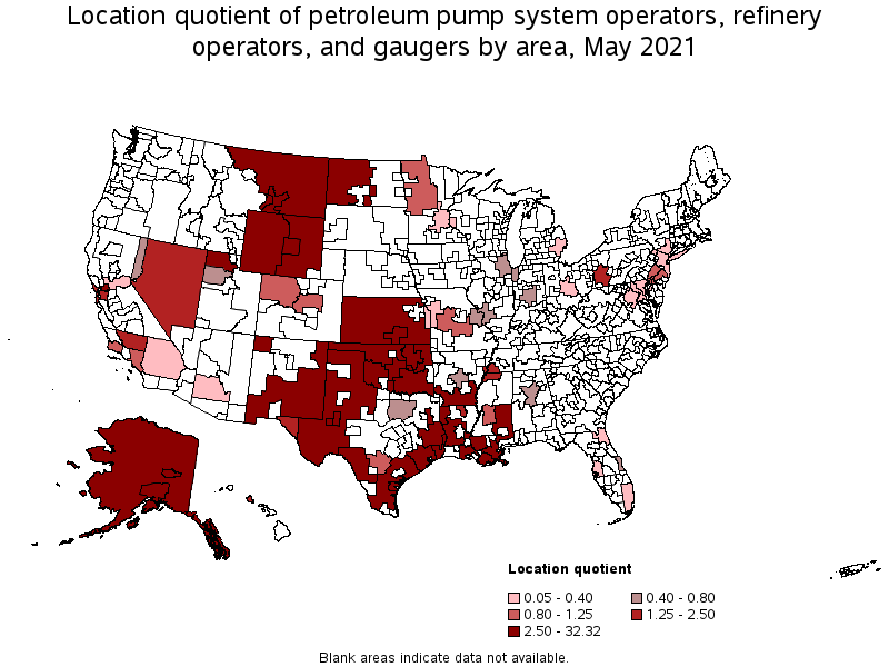 Map of location quotient of petroleum pump system operators, refinery operators, and gaugers by area, May 2021