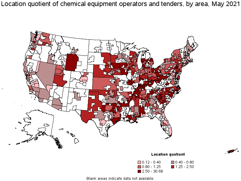 Map of location quotient of chemical equipment operators and tenders by area, May 2021