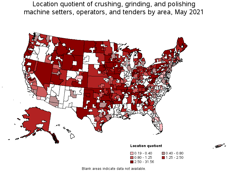 Map of location quotient of crushing, grinding, and polishing machine setters, operators, and tenders by area, May 2021