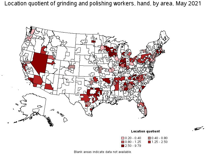 Map of location quotient of grinding and polishing workers, hand by area, May 2021