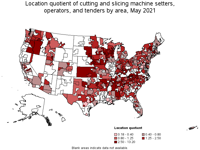 Map of location quotient of cutting and slicing machine setters, operators, and tenders by area, May 2021