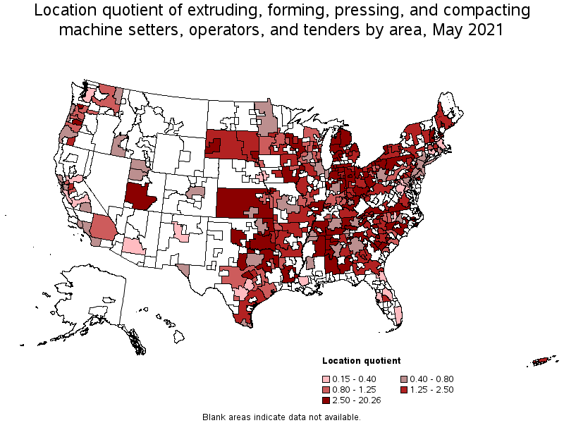 Map of location quotient of extruding, forming, pressing, and compacting machine setters, operators, and tenders by area, May 2021