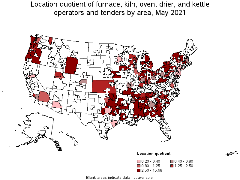 Map of location quotient of furnace, kiln, oven, drier, and kettle operators and tenders by area, May 2021