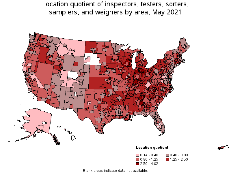 Map of location quotient of inspectors, testers, sorters, samplers, and weighers by area, May 2021
