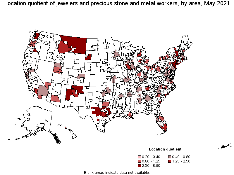 Map of location quotient of jewelers and precious stone and metal workers by area, May 2021