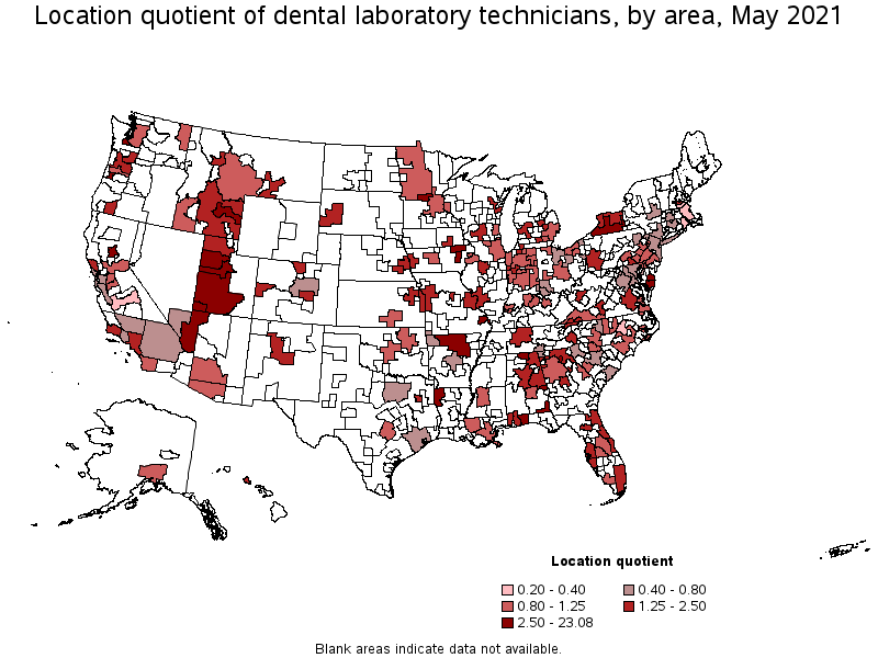 Map of location quotient of dental laboratory technicians by area, May 2021
