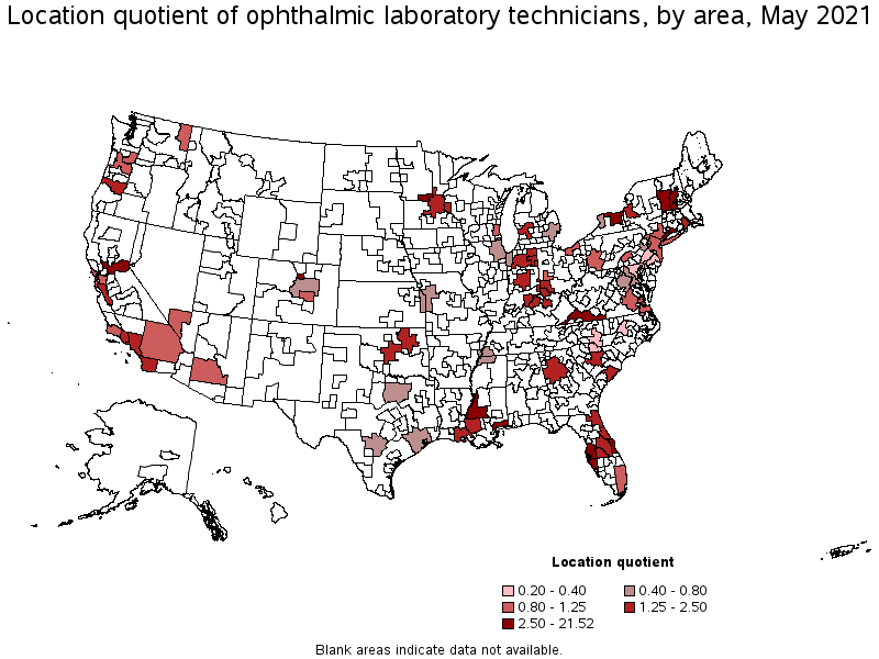 Map of location quotient of ophthalmic laboratory technicians by area, May 2021