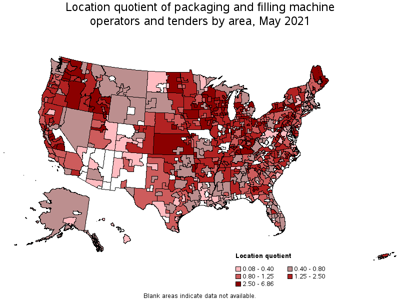 Map of location quotient of packaging and filling machine operators and tenders by area, May 2021