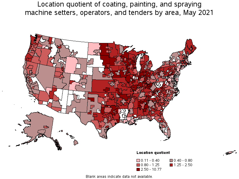 Map of location quotient of coating, painting, and spraying machine setters, operators, and tenders by area, May 2021