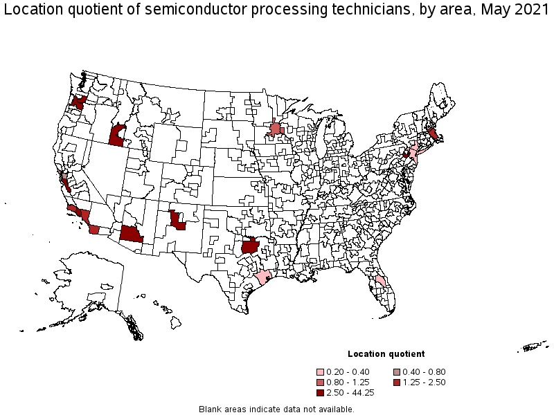Map of location quotient of semiconductor processing technicians by area, May 2021