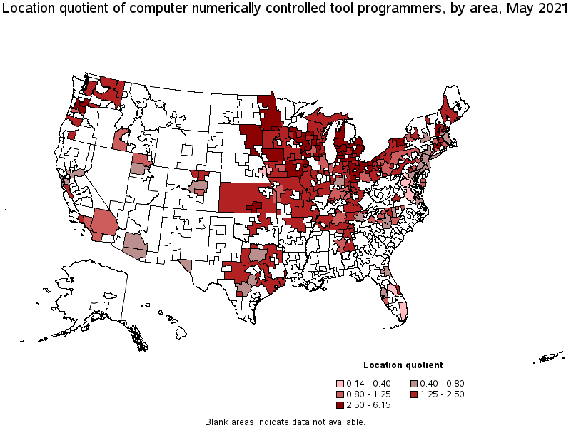 Map of location quotient of computer numerically controlled tool programmers by area, May 2021