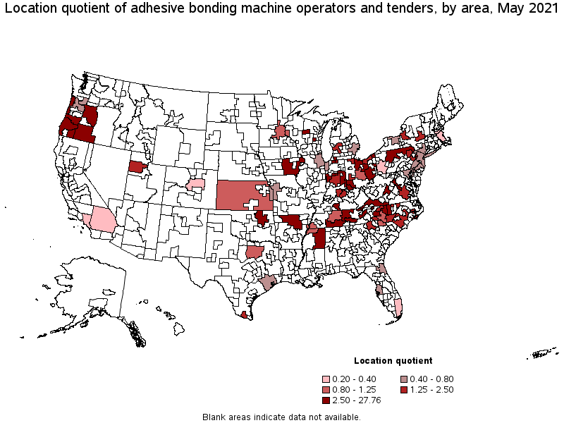 Map of location quotient of adhesive bonding machine operators and tenders by area, May 2021