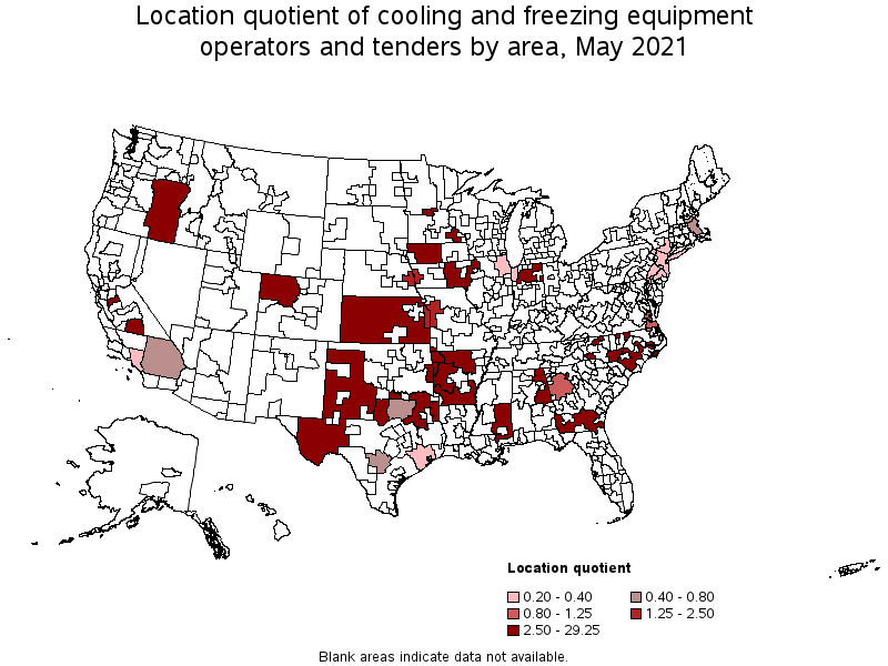 Map of location quotient of cooling and freezing equipment operators and tenders by area, May 2021