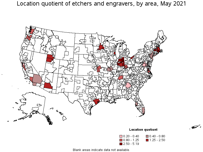 Map of location quotient of etchers and engravers by area, May 2021
