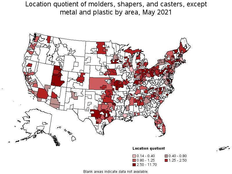 Map of location quotient of molders, shapers, and casters, except metal and plastic by area, May 2021