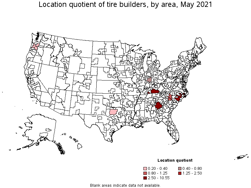 Map of location quotient of tire builders by area, May 2021
