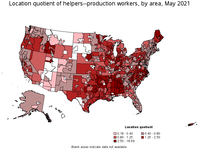 Map of location quotient of helpers--production workers by area, May 2021
