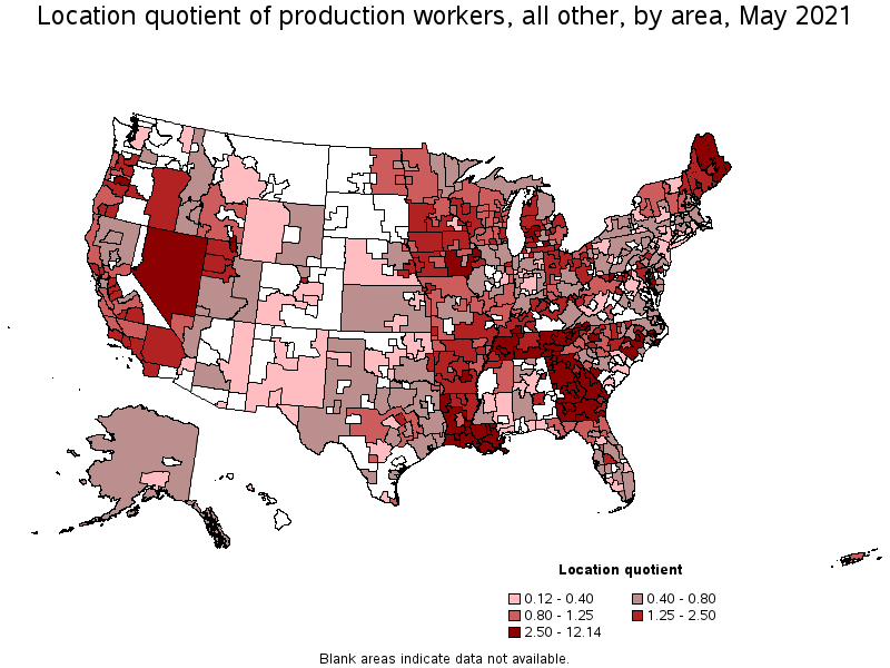 Map of location quotient of production workers, all other by area, May 2021