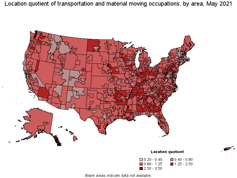 Map of location quotient of transportation and material moving occupations by area, May 2021