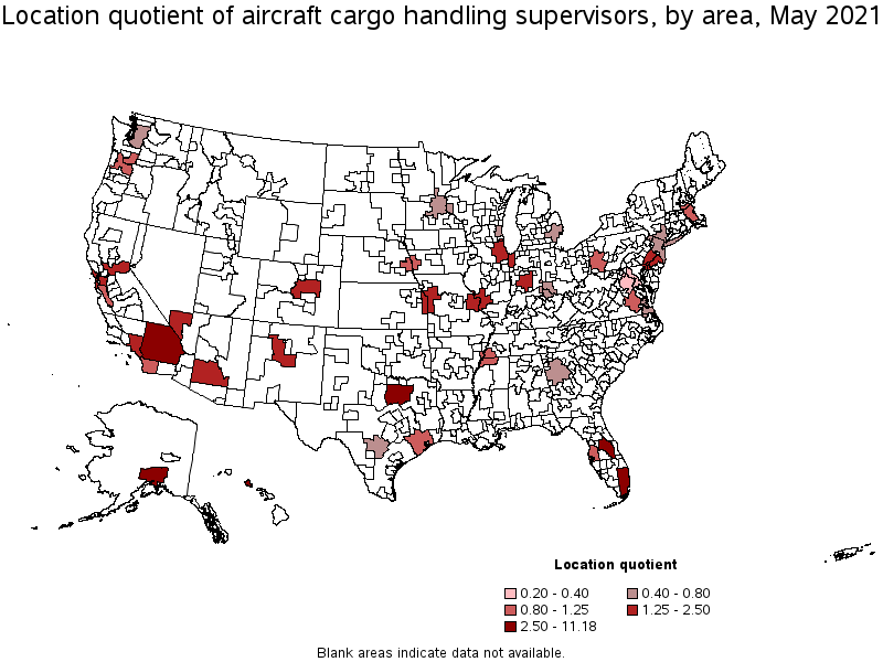 Map of location quotient of aircraft cargo handling supervisors by area, May 2021