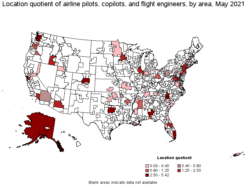 Map of location quotient of airline pilots, copilots, and flight engineers by area, May 2021