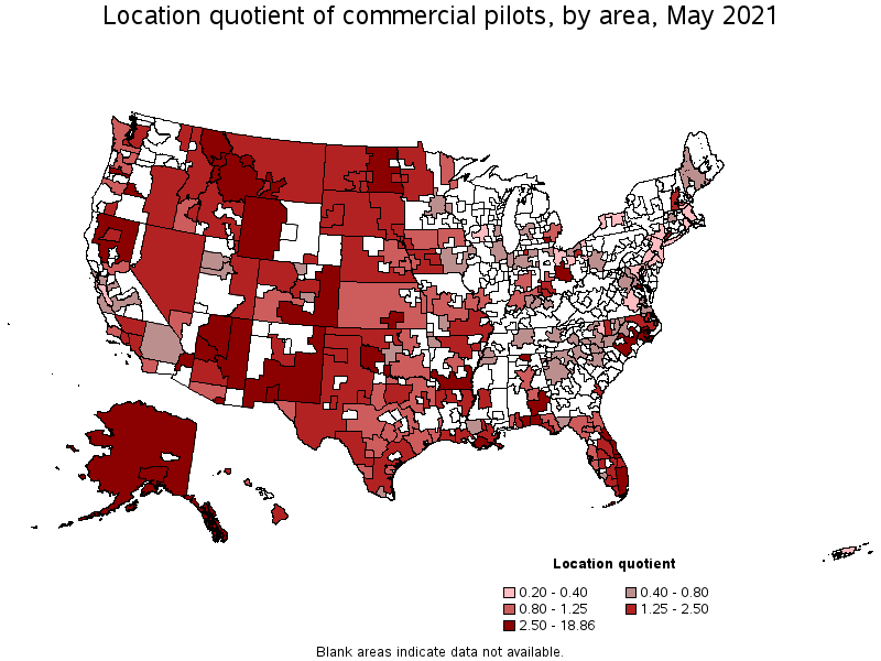 Map of location quotient of commercial pilots by area, May 2021