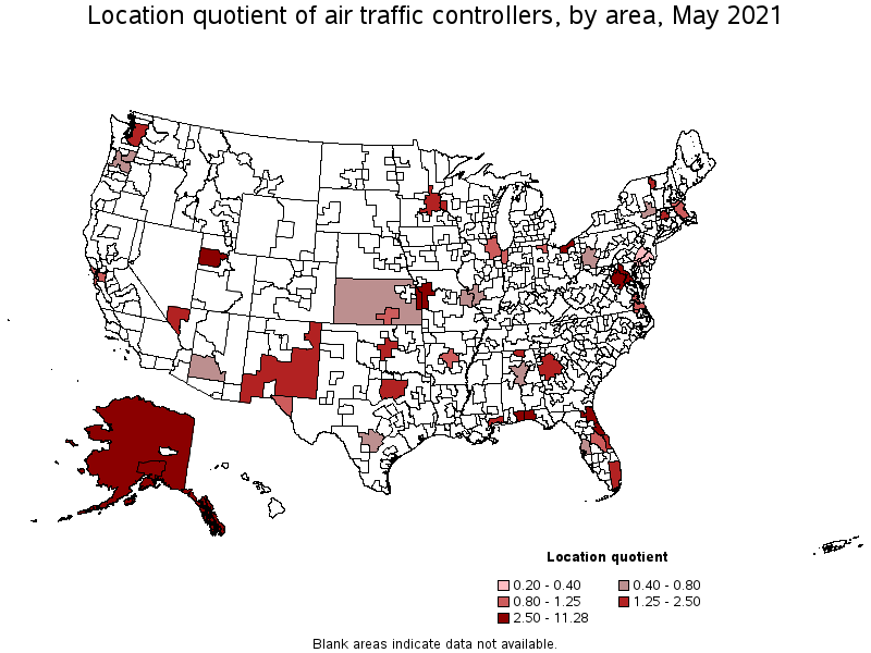 Map of location quotient of air traffic controllers by area, May 2021