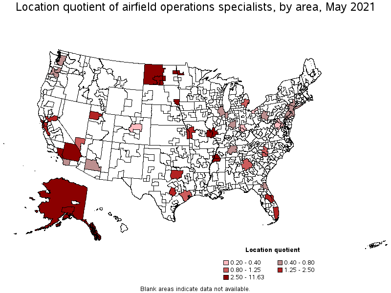 Map of location quotient of airfield operations specialists by area, May 2021