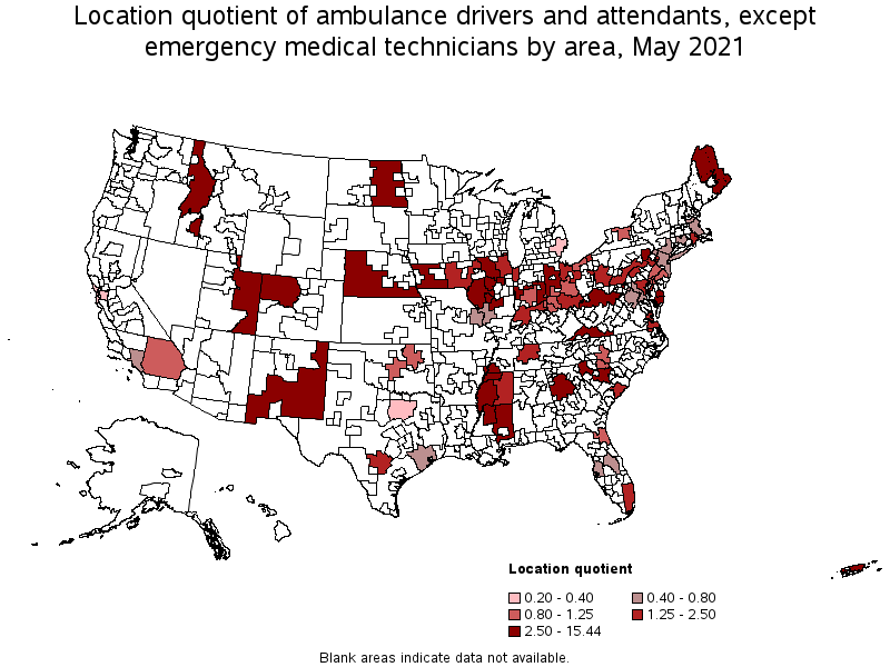 Map of location quotient of ambulance drivers and attendants, except emergency medical technicians by area, May 2021