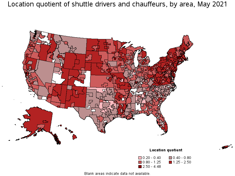 Map of location quotient of shuttle drivers and chauffeurs by area, May 2021