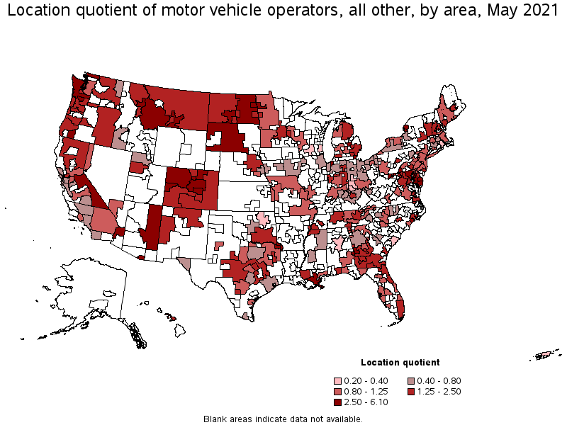 Map of location quotient of motor vehicle operators, all other by area, May 2021