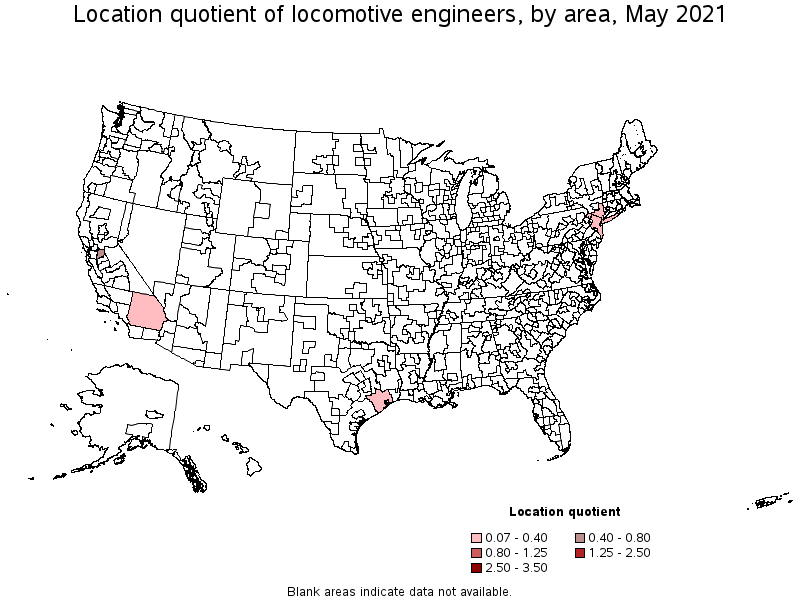 Map of location quotient of locomotive engineers by area, May 2021