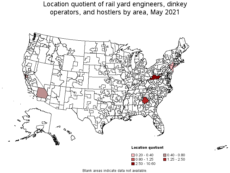 Map of location quotient of rail yard engineers, dinkey operators, and hostlers by area, May 2021