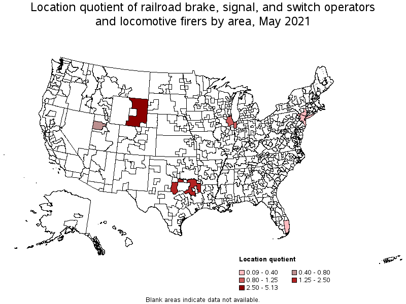 Map of location quotient of railroad brake, signal, and switch operators and locomotive firers by area, May 2021