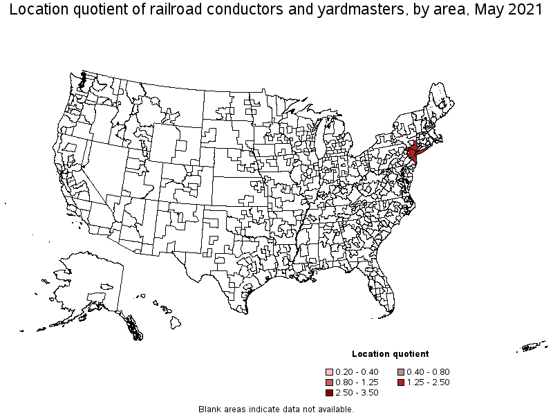 Map of location quotient of railroad conductors and yardmasters by area, May 2021