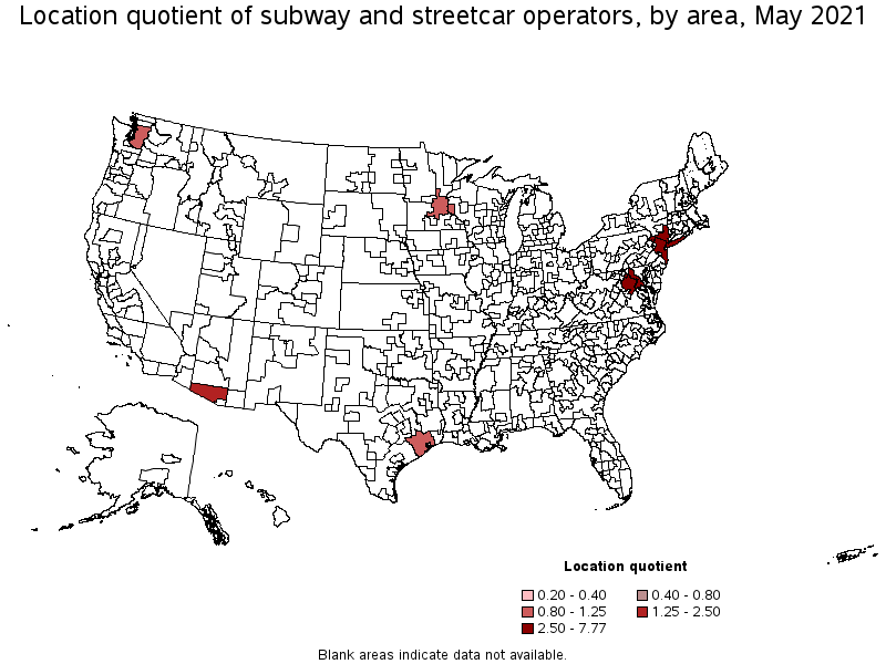 Map of location quotient of subway and streetcar operators by area, May 2021