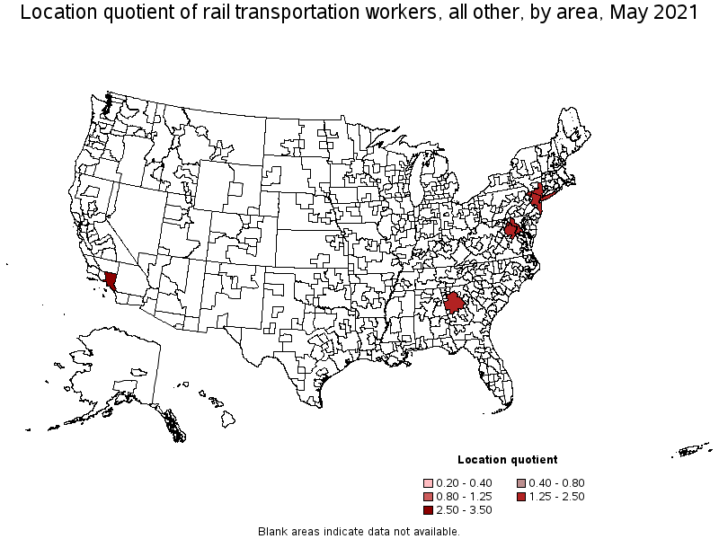 Map of location quotient of rail transportation workers, all other by area, May 2021