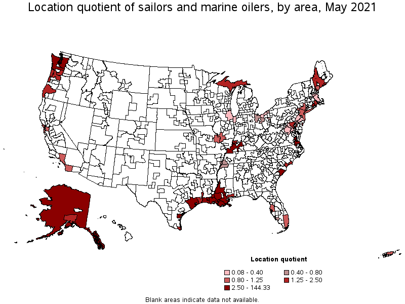 Map of location quotient of sailors and marine oilers by area, May 2021