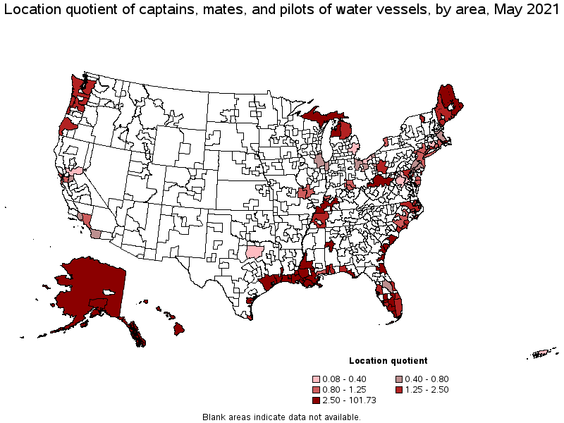 Map of location quotient of captains, mates, and pilots of water vessels by area, May 2021