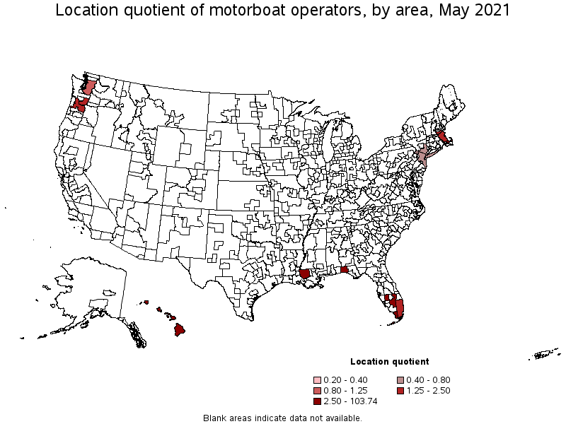 Map of location quotient of motorboat operators by area, May 2021