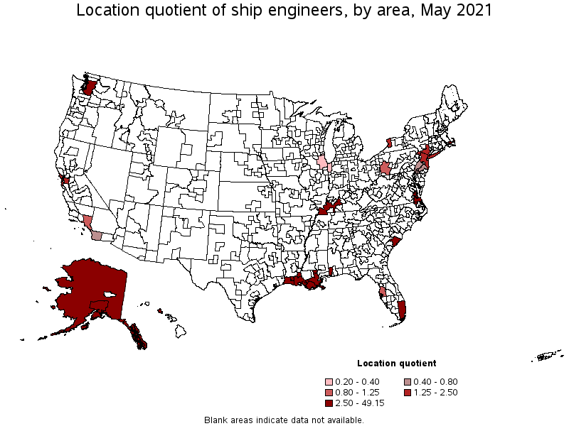 Map of location quotient of ship engineers by area, May 2021
