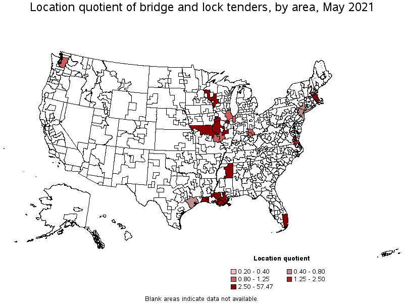 Map of location quotient of bridge and lock tenders by area, May 2021