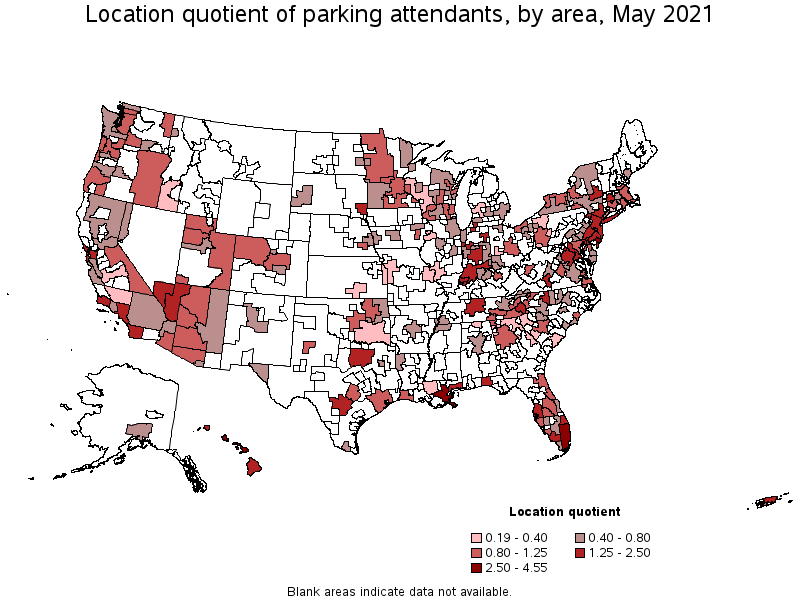 Map of location quotient of parking attendants by area, May 2021