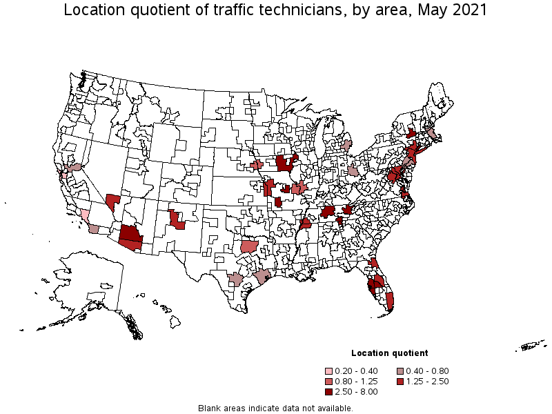 Map of location quotient of traffic technicians by area, May 2021