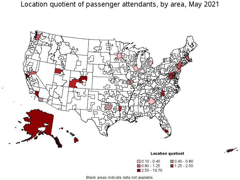 Map of location quotient of passenger attendants by area, May 2021