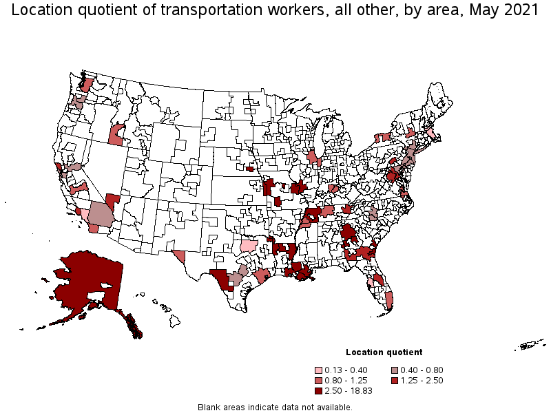 Map of location quotient of transportation workers, all other by area, May 2021