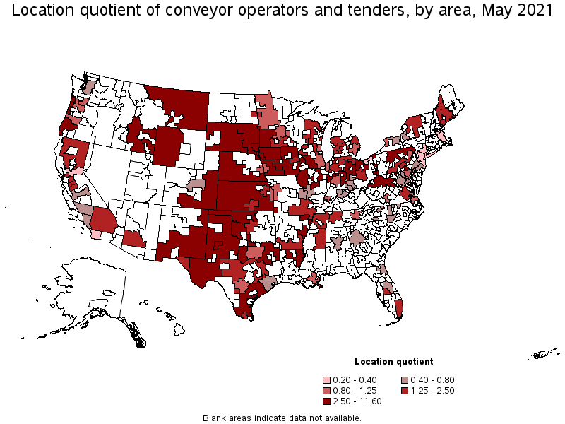 Map of location quotient of conveyor operators and tenders by area, May 2021
